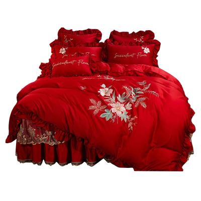 China Nondisposable Color Bed Skirt Sheer Lace Embroidered Comforter Cover Wedding Four-Piece Set for sale