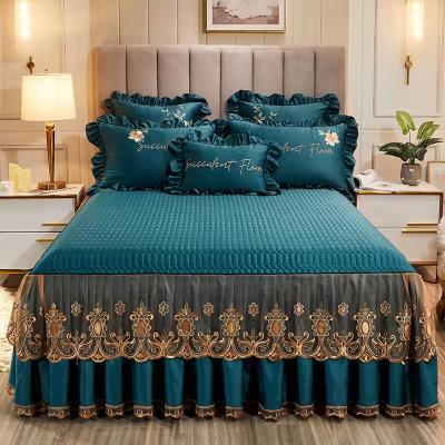 China Modern luxury tencent modal lace wedding cotton bed skirt thickened machine washable three-piece bedspread set for bed room. for sale