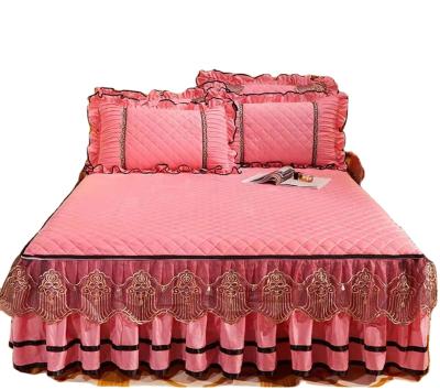 China Decorative Luxury European Style Elastic Dust Embroidered Ruffle Easy Put On Double Layer Modern Design Worked Wrap Around Bed Skirt for sale