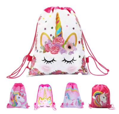 China Waterproof Cartoon Unicorn Drawstring Bag Kids School Backpack Travel Storage Package Children Birthday Party Gift for sale