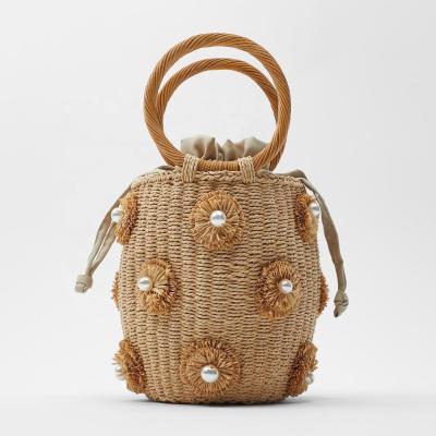 China Lady Basket Bag With Faux Pearls Artificial Diamond Straw Bag Rattan Handle Woven Female Bag for sale