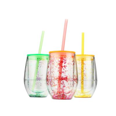 China Eco-Friendly Creative Products Customized Double Walled Insulated Plastic Wine Cup Bubble Tea Coffee Glitter Tumbler Cups for sale