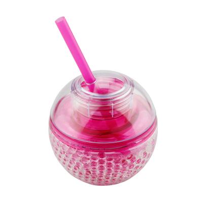 China BPA FREE Kids 320ml Sustainable Portable Novelty Gift AS Plastic Ball Shaped Double Wall Freezer Gel Water Bottle With Straw for sale