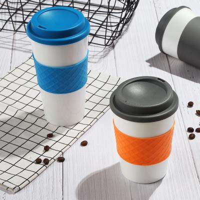 China Custom Double Sleeve Silicone Logo Plastic Reusable Coffee Cup Eco-Friendly Portable Wall Sustainable Coffee Mug With Lid for sale