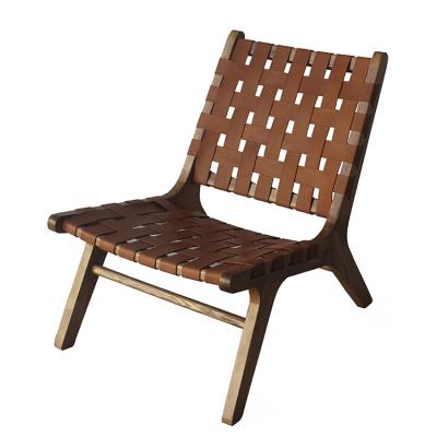 China (Other) Vintage Adjustable Wooden Frame Woven Leather Lounge Chair for sale