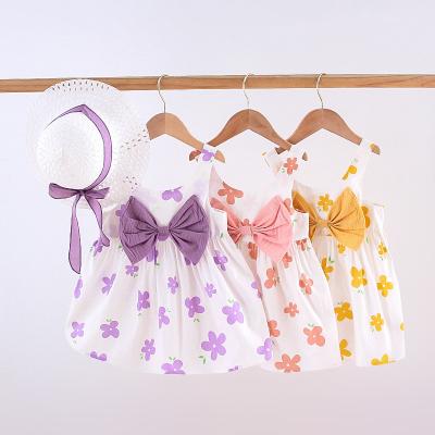 China Wholesale Breathable Holiday Cotton Dress Flower Pattern Sleeveless Summer Babies Outwear With Straw Hat for sale