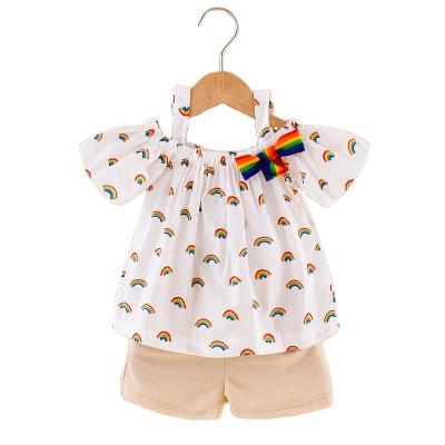 China New Product 2022 New Product Children's Clothing Fabric Fashion Baby Rainbow Formal Shirt Yellow Short Pleated Skirt Set Girl's Two-Piece Dress for sale