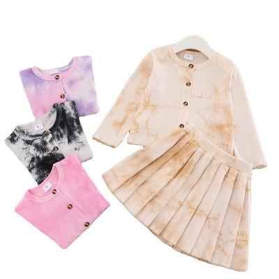 China Autumn Winter Infant Baby Girl Casual Outfit Knit Button Long Sleeve T-shirt Top+Skirt Tie Dye Color Toddler 2PCs Kids Clothes Set for sale