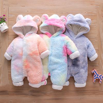 China Fashion Rainbow Color Snowsuit Long Sleeve Winter Baby Boutique Romper Warm Cute Bear Ear Hooded Overalls Coat 0-12 Months for sale