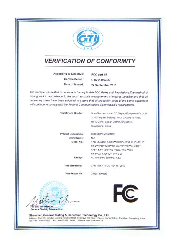 FCC - Shenzhen Yaxunda LCD Display Equipment Co. Ltd