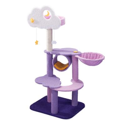 China Morden Wholesale Cat Tree Interactive Toys Natural Sisal Scratch Board Cat Tower House Purple Pet Sisal Scratch Board Luxury Cat Boarding House for sale