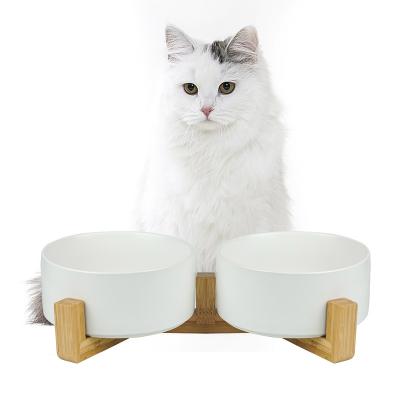 China Anti-slip Modern Non-automatic Ceramic Cats Dogs Small Double Doubles Double Pet Water Pet Food Wood Wooden Pet Ceramic Raised Bowls With Bamboo Stands for sale