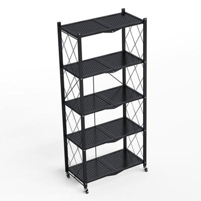 China Hot Selling Foldable Rack Household Installation Black Layer Floor Oven Pot Kitchen Storage Foldable Rack With Wheels for sale