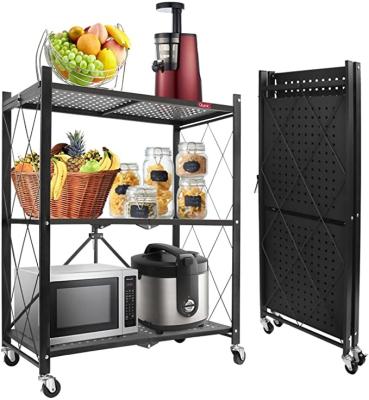 China Foldable Carbon Steel Kitchen Display Rack Folding Home Viable Storage Rack Shelf With Wheels Kitchen Shelf Organizer for sale