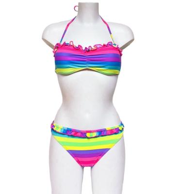 China Antibacterial Women Ruffled Bikini Bandeau Halter Two Piece Swimsuit Multi Stripes Print Swimwear for sale