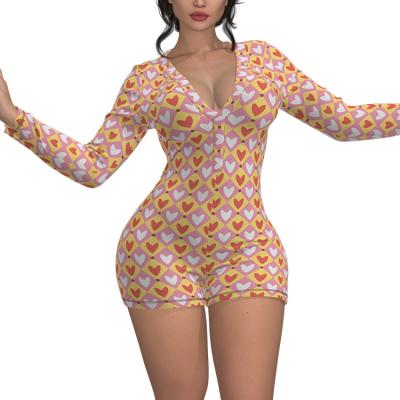 China 2021 New Arrival QUICK DRY Printed Women Sheath Long Bodycon Stretchy V-Neck Onesie Shorts Rompers Adult Pajamas One Piece Leisure Wear for sale