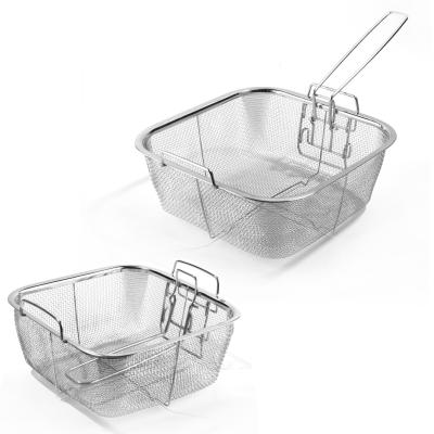 China Sustainable Square Fryer French Fries Stainless Steel Wire Mesh Deep Fry Basket Strainer With Folding Handle for sale