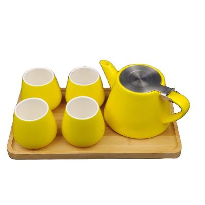 China Color Sustainable 6pcs Coffee /tea Ceramic Set Glazed With Bamboo Tray for sale