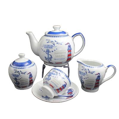 China Sustainable Fine China 15pcs Tea Set With Cup And Saucer Teapot With Navigation Design Decal Fired for sale