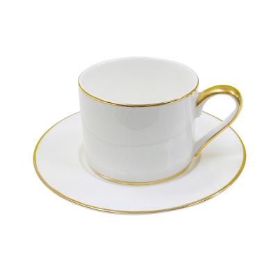 China Stocked Customer Made Bone China Coffee Cup And Saucer Planter Brand Gift With Logo Gold Rim for sale