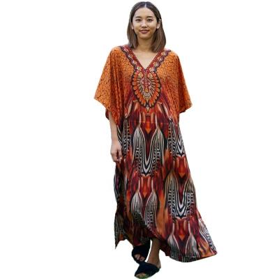 China Anti-Static Orange Kaftan Dress for Women Short Sleeve Swimsuit Cover Ups for Swimwear Caftans for sale