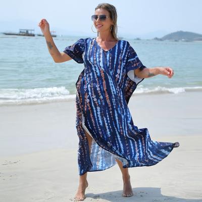 China Anti-Static Women Print Beach Kaftan Dress Short Sleeve Plus Size Side Split Bathing Suit Cover Ups for sale