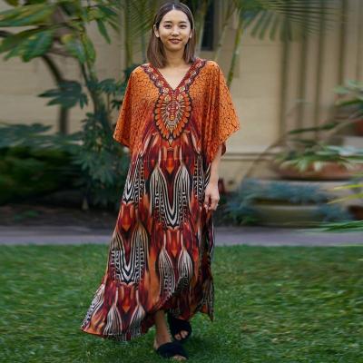 China Anti-Static Orange Kaftan Dress for Women Short Sleeve Swimsuit Cover Ups for Swimwear Caftans for sale