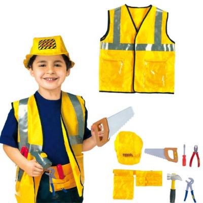 China Polyester/Plastic Construction Worker Costumes Kits for Kids Boys Builder Career Outfit Tool Belt Vest Hat Pretend Role Play Toy Set for sale