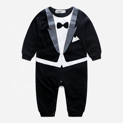 China Polyester / Cotton Baby Boy Boss Romper Tuxedo Jumpsuit Gentleman One-Piece Button-Down Bowtie Wedding Suit Bodysuit for sale