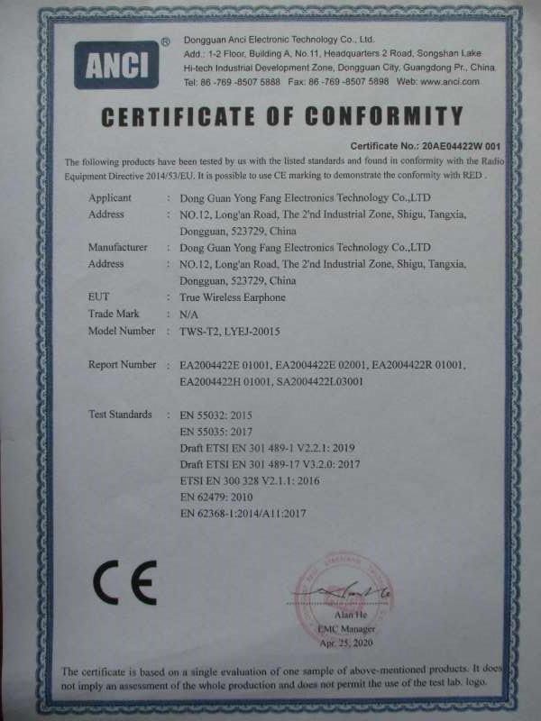 CE - Dong Guan Yong Fang Electronics Technology Co., Ltd.