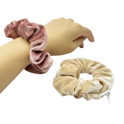 China Custom Daily Accessories Secret Pocket Invisible Velvet Hair Scrunchy Hair Zipper Elastic Scrunchies With Zipper for sale