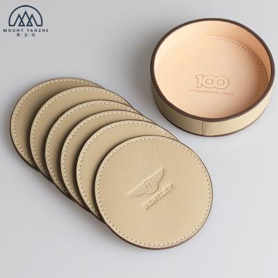 China Sustainable Waterproof Round Real Leather Coasters Set With Stand Tray for sale