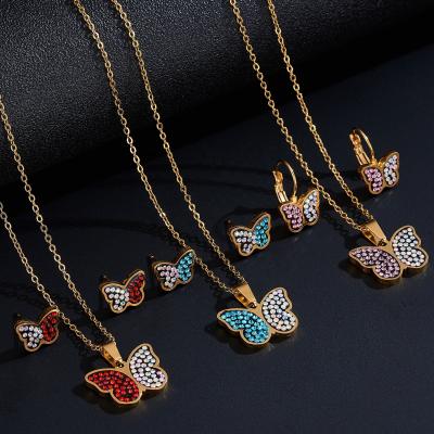 China Fashionable 2021 Hot Shelling Crystal Butterfly Jewelry Set China Stainless Steel Ladies Jewelry Set Wholesale for sale