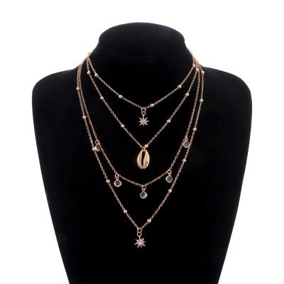 China 2021 FASHIONABLE European And Rhinestone Pendant Shell Pendant Multi-Layer Ladies Necklace Fashion American Six-Acute Star Jewelry for sale