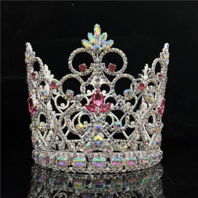 China Rhinestone Fashion Full Crown Round Rhinestone Custom Pageant Crowns Crystal AB Stones Big Tiara for sale