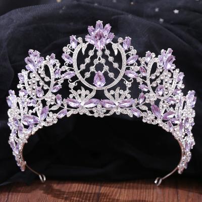 China High Quality Handmade Wedding Crystal Hair Accessories Purple Rhinestones Silver Color Alloy Tiara Bridal Crown For Women Princess for sale