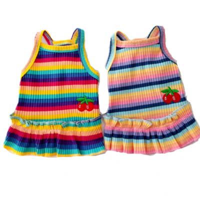 China Cute Stocked Fashion Gradient Rainbow Pet Apparel Summer Striped Cherry Princess Dress Dog Skirt Teddy Dog Pet Small Cat Clothes for sale