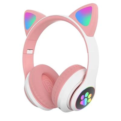 China Cute Cat Ears Wireless Headphones With Mic Can Control Stereo Music LED Foldable Party Light Power Display Christmas Gift For Kids for sale