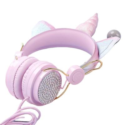 China Cartoon Unicorn Wired Headphone Music Stereo Earphone Computer Phone Headset Gamer Bling Diamond Cover Boys Girls Kids Perfect Healthy Gift for sale