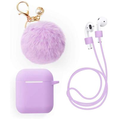 China Soft\Comfortable\Safety\Wholesale Flexible Silicone Earphone Cases For Airpods 1 2 Cover Device With Pom Pom Fur Ball Keychain Soft Portable Anti-lost Strap for sale