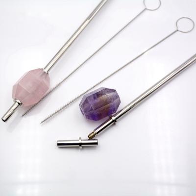 China Dismountable Eco Friendly Natural Healing Gift Stainless Steel Drinkable Amethyst Rose Quartz Crystal Straw Gemstone Adjustable for sale