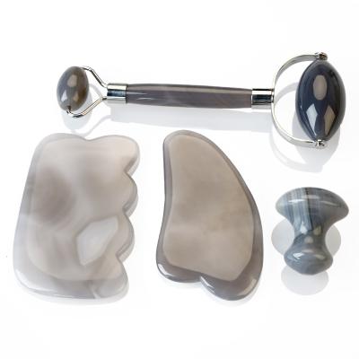 China Natural Stone Face Roller Gray Agate Gua Sha Facial Roller Massager Tool For Face Neck Eyes for sale