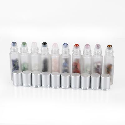 China Body 10ml Frosted Glass Roller Bottle, Roller Bottle With Mini Stones, Gemstones For Roller Bottles for sale