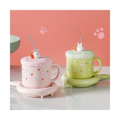 China Light And Decoration SmallOrders RF09 Creative Cartoon 55 Degree Thermostatic Mug Ceramic Mug With Straw Heating Coaster Gift Set for sale