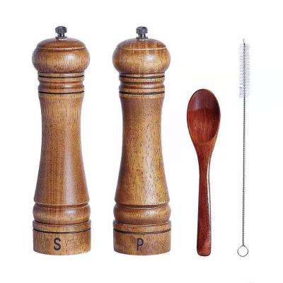 China Sustainable Wooden Salt and Pepper Grinders and Pepper Mills Shakers with Cleaning Brush and Wooden Stand for sale