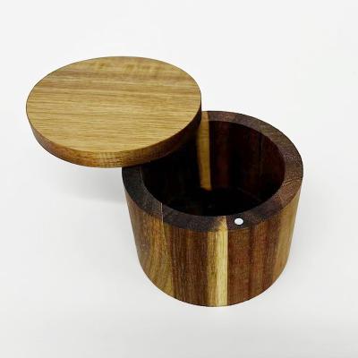 China Sustainable Salt Jar Bowl Salt Cellar With Lid Acacia Wood Salt Or Spice Box With Swivel Cover for sale