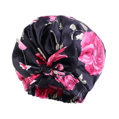 China New Ziming Satin Character Double Layers Cowl Women Cowl Bow Tie Sleep Floral Silk Shower Cowl Soft Hat for sale