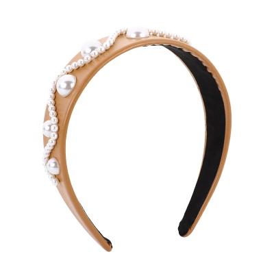 China Hot Sale Hair Decoration 2020-2021 Baroco Style Sponge All Pearl Stones PU Leather Wave Wrapped Wide Headband For Women And Girls for sale