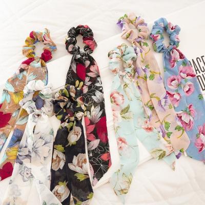 China Fashion Ziming New Spring Pattern Chiffon Floral Hair Scarves Long Tailed Flowers Printing Soft Girls Hair Ties Hair Rings for sale