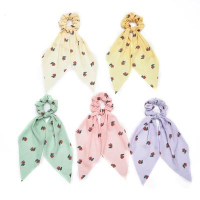 China Korean Fashion Ziming Style Cherry Printing Hair Scarfs Fruit Pattern Long Tailed Cute Soft Hair Ties For Women And Girls for sale